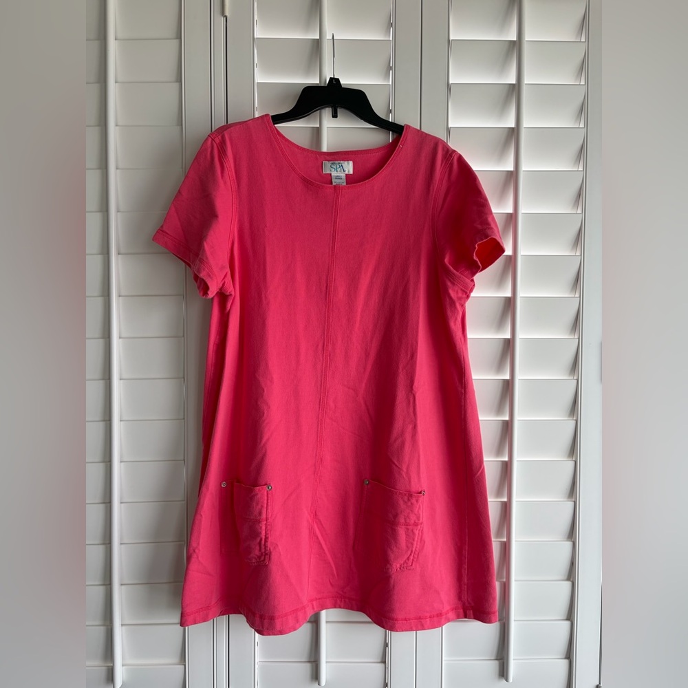 DELICATES SPA Coral Pink Cotton Short Sleeve Crew Neck Front Pocket Dress Size L
